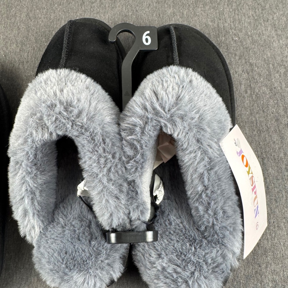 Joyspun Womens Basic Clog Slippers Black Faux Fur Trim House Shoes Size 6